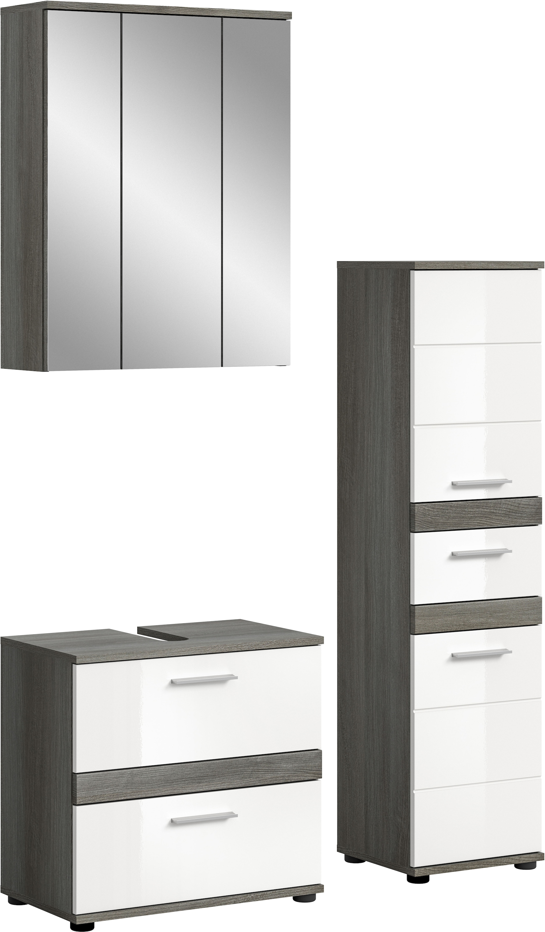 welltime Badmöbel-Set »LUCCA, 3-teilig, TOPSELLER!, hochwertige MDF Front« Set, best. aus: Waschbeckenunterschrank, Spiegelschrank, Hochschrank, 3 Stk. tlg.