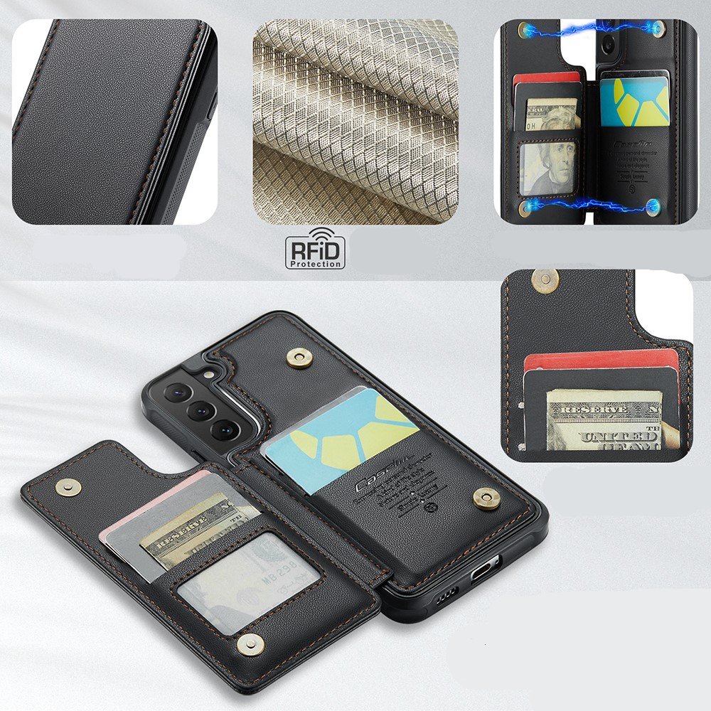 Samsung Galaxy S22 5G Leder Hülle mit Kartenfächern im Litchi Look   Kickstand (RFID Schutz) - Schwarz