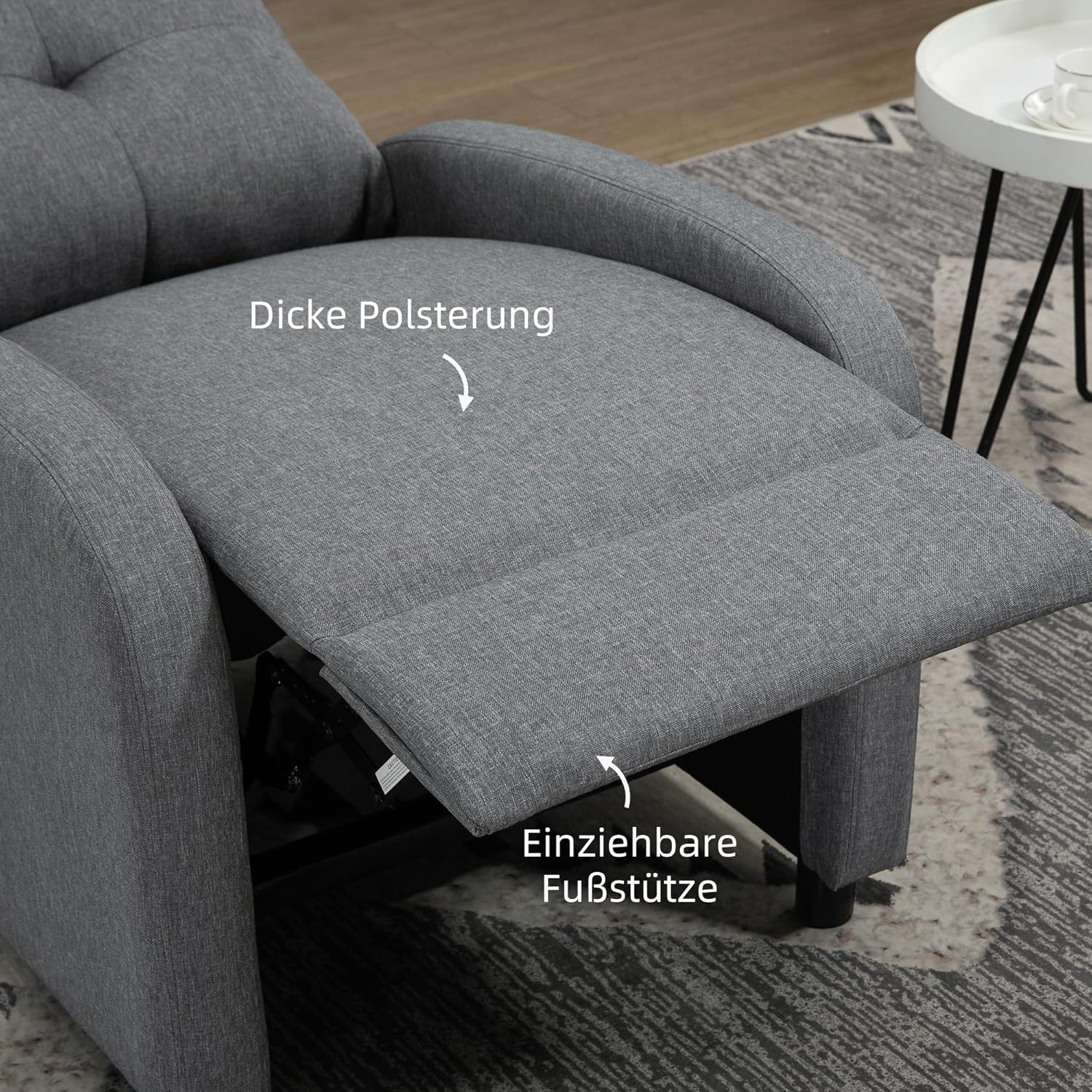 HOMCOM Relaxsessel, Fernsehsessel mit Liegefunktion, TV-Sessel mit Leinenoptik, Gepolstert Liegesessel mit Taschenfederkern, Ruhesessel bis 150 kg belastbar für Wohnzimmer, Grau