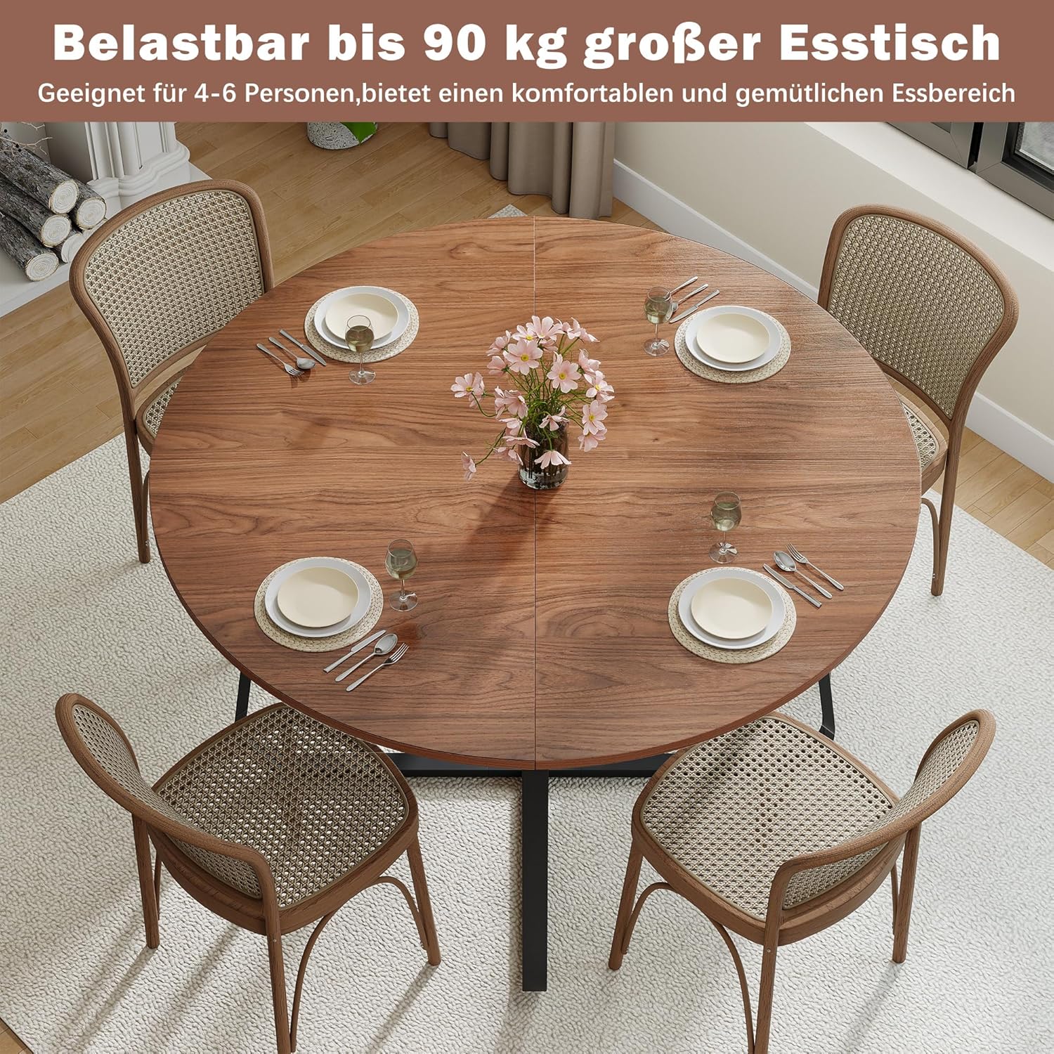 yeshine Runder Esstisch für 4-6 Personen, 120cm Esszimmertisch mit Metallfuß, Küchentisch für Esszimmer, Wohnzimmer, Vintage Braun