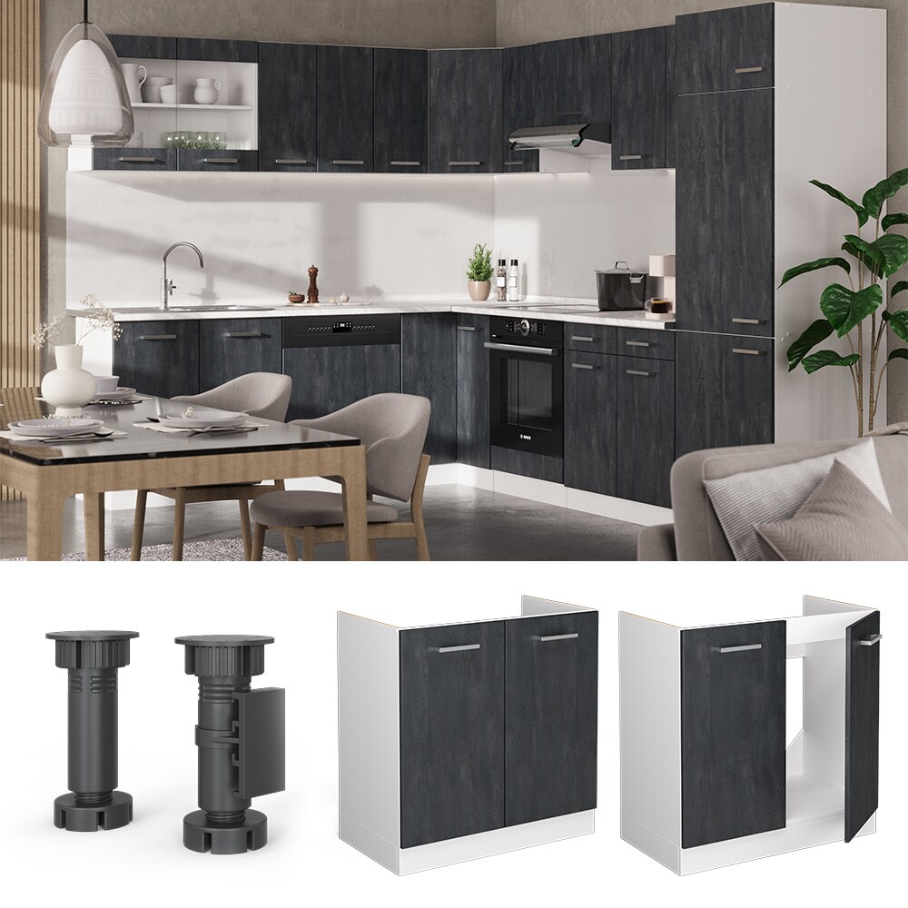Vicco Spülenunterschrank R-Line Schwarz Beton Weiß 80 cm mit Arbeitsplatte Weiß-Marmor
