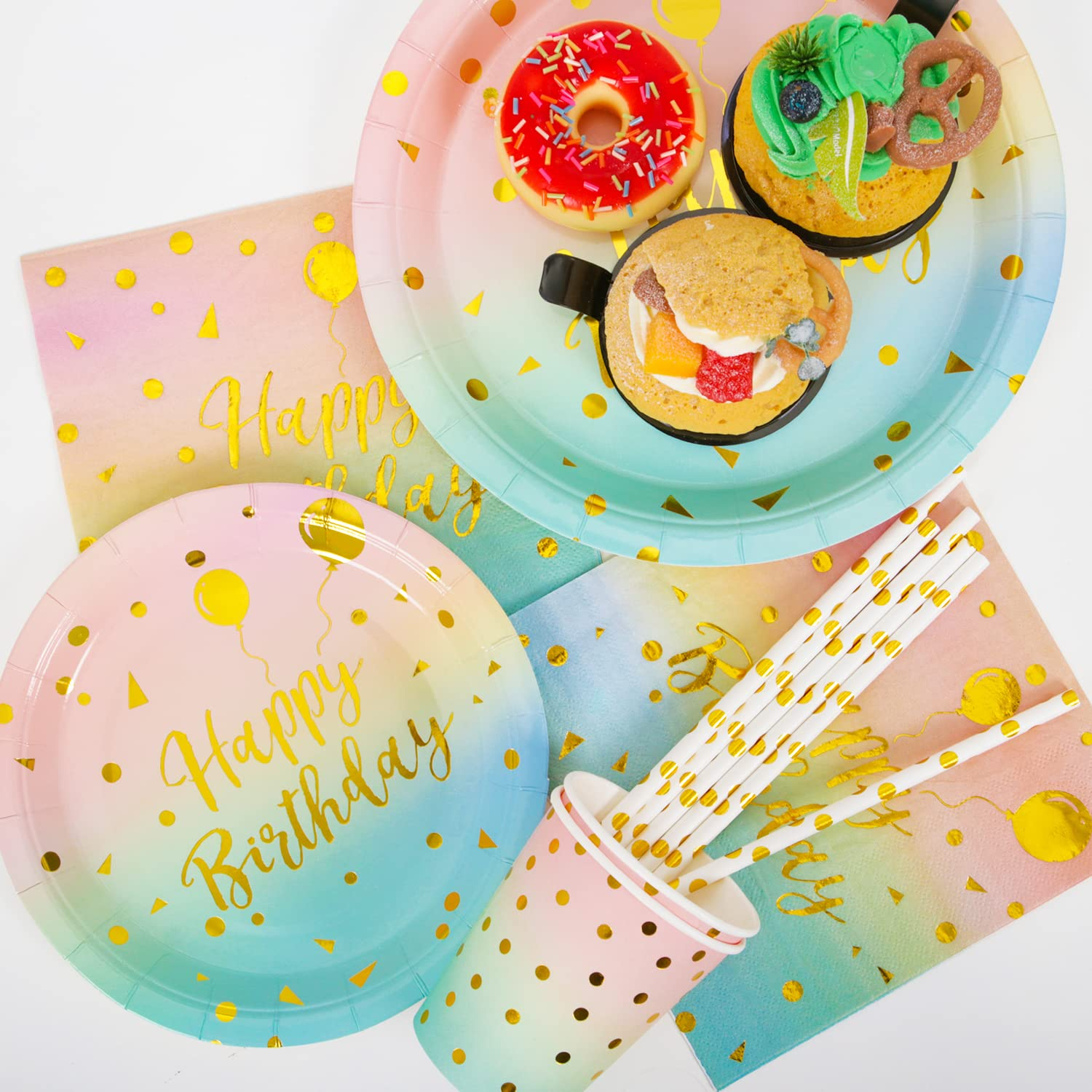 (100-tlg. Set) Happy Birthday Einweg Geschirr Geburtstags Party Tisch Deko inkl. Teller / Strohhalm / Servietten / Papp Becher - Bunt / Gold