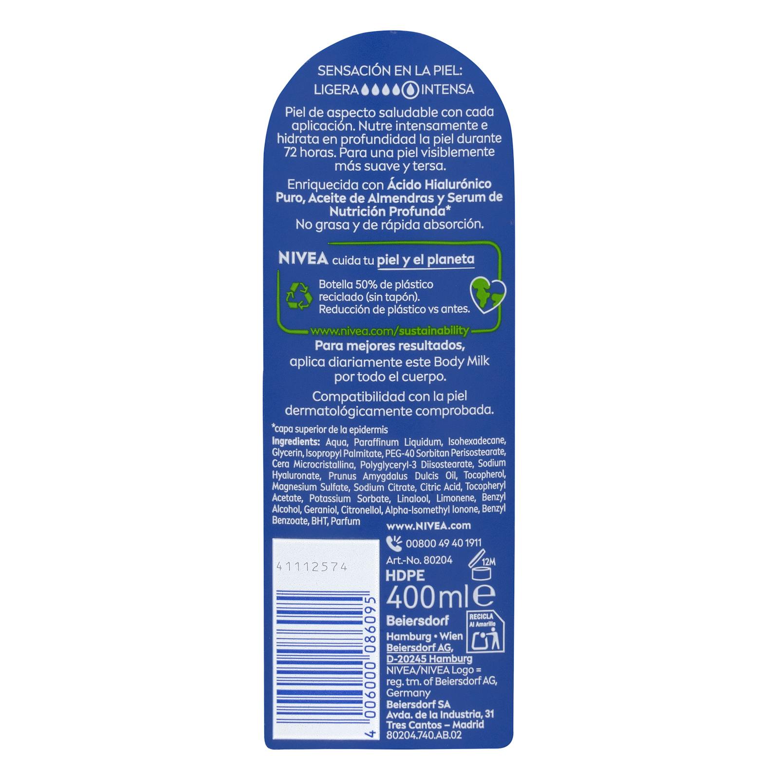Lait corporel nourrissant Nivea à l'acide hyaluronique, à l'huile d'amande et au sérum nourrissant en profondeur