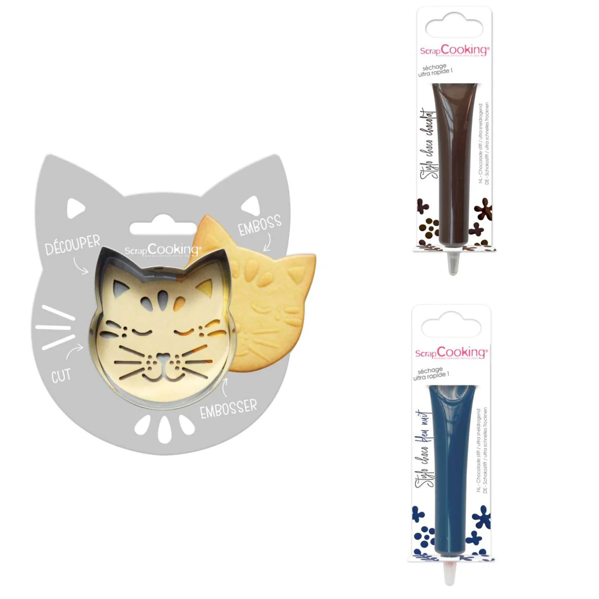 Kit pour biscuit en relief Chat + 2 Stylos au chocolat marron et bleu