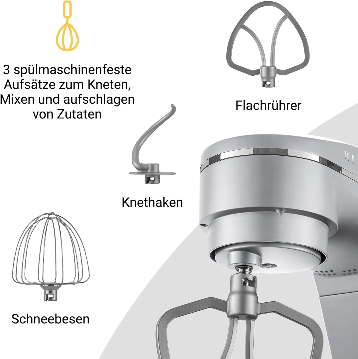 KLAMER Küchenmaschine 1800W, Knetmaschine Brotteig mit Edelstahl-Rührschüssel 6 L, 10 Stufen mit Timer, Planetenrührwerk, Rührbesen, Knethaken, Schneebesen & Sichtdeckel (silber)