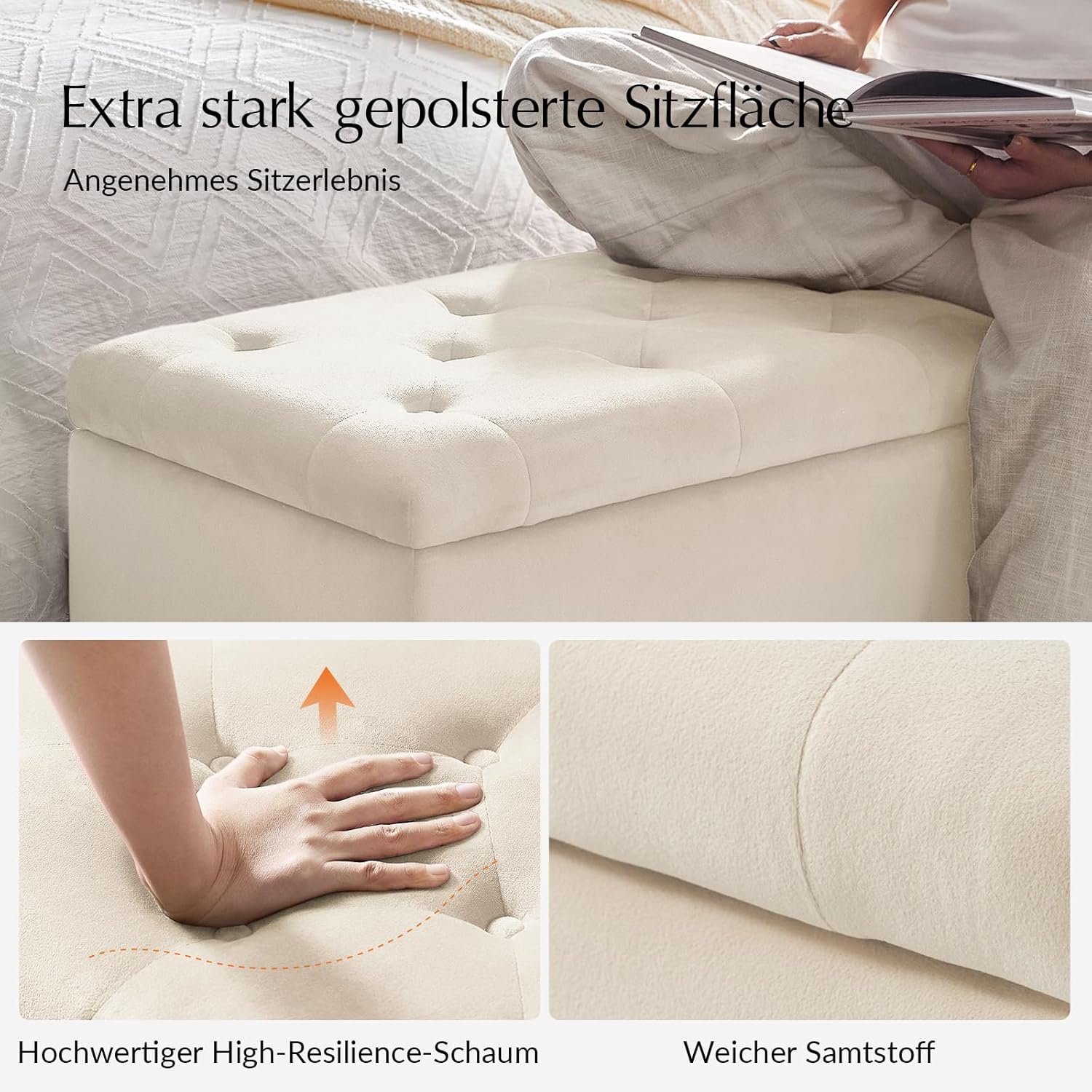 HULALA HOME Sitzbank mit Stauraum, Sitztruhe mit Nailhead-Besatz, Bettbank aus Samt, Bank mit goldenen Metallbeinen für Flur, Eingangsbereich, Wohnzimmer, Schlafzimmer, Tan (Beige)