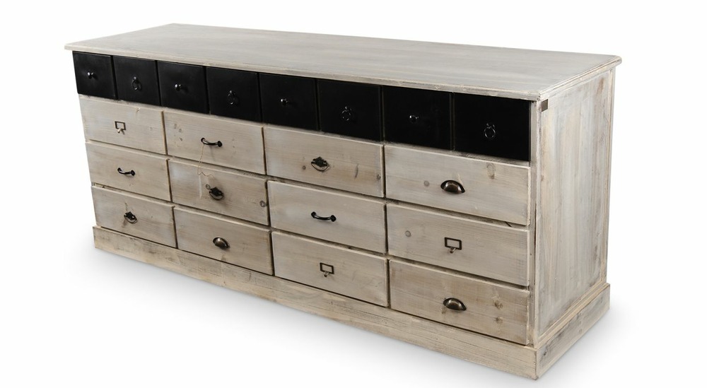 Bahut 20 tiroirs bois blanc cérusé 199x55x85cm