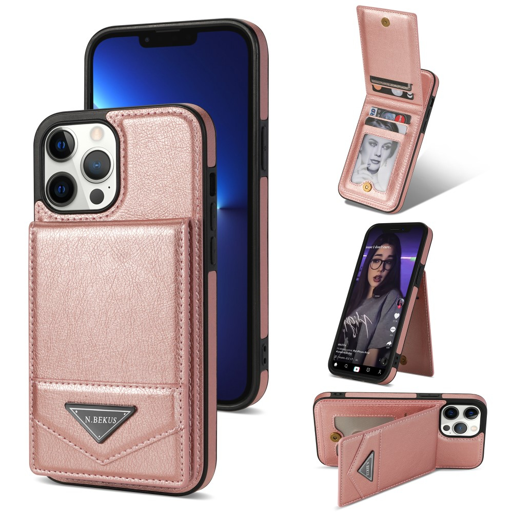 iPhone 15 Pro Hybrid Leder Hardcase Hülle mit Kartenfächer mit Aufsteller (RFID Schutz) - Roségold