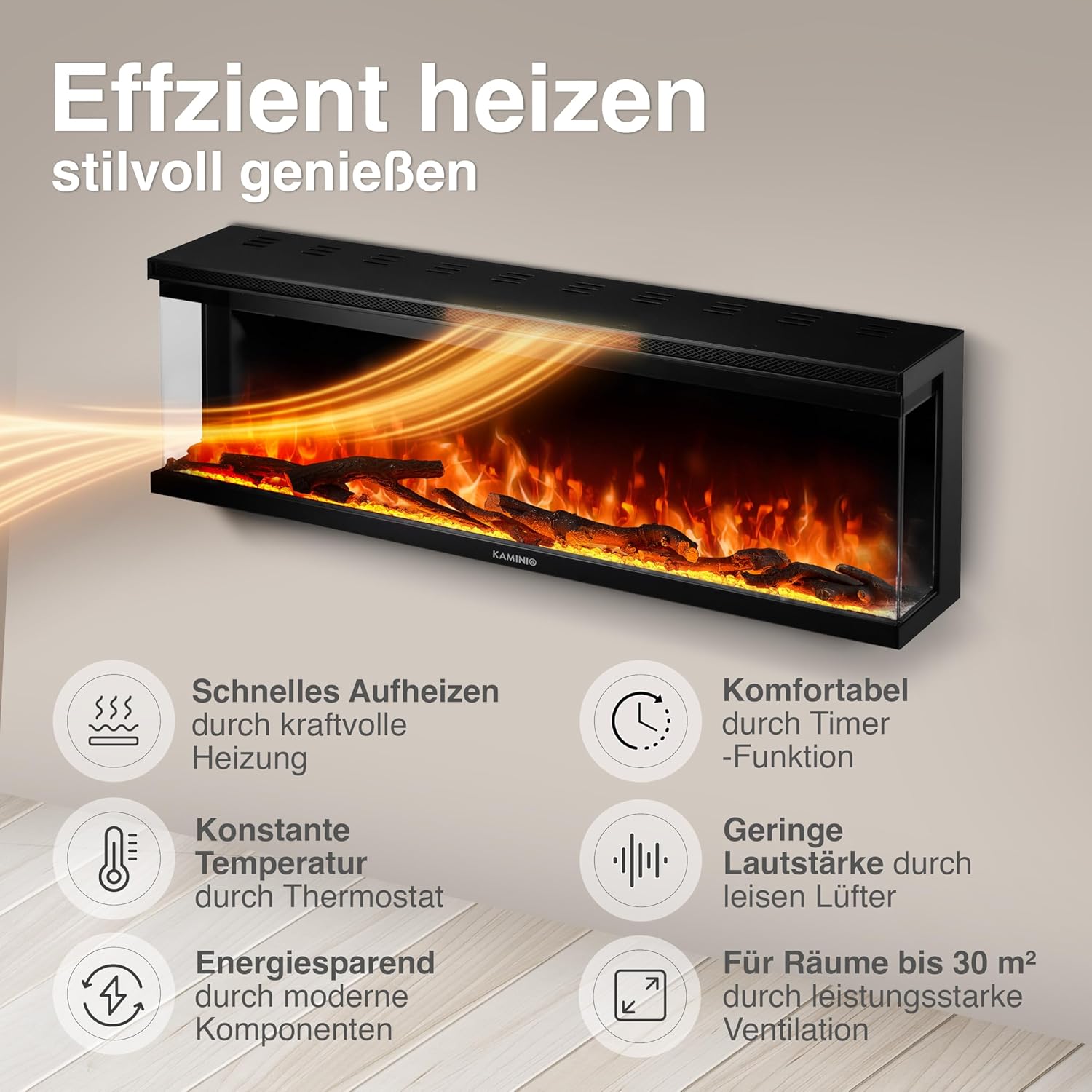 Elektrokamin LEA - Elektrischer 3-in-1 Kamin mit Panoramaview, Heizung, 3D-Flammeneffekt, 12 Flammenfarben, Fernbedienung (60 Zoll)