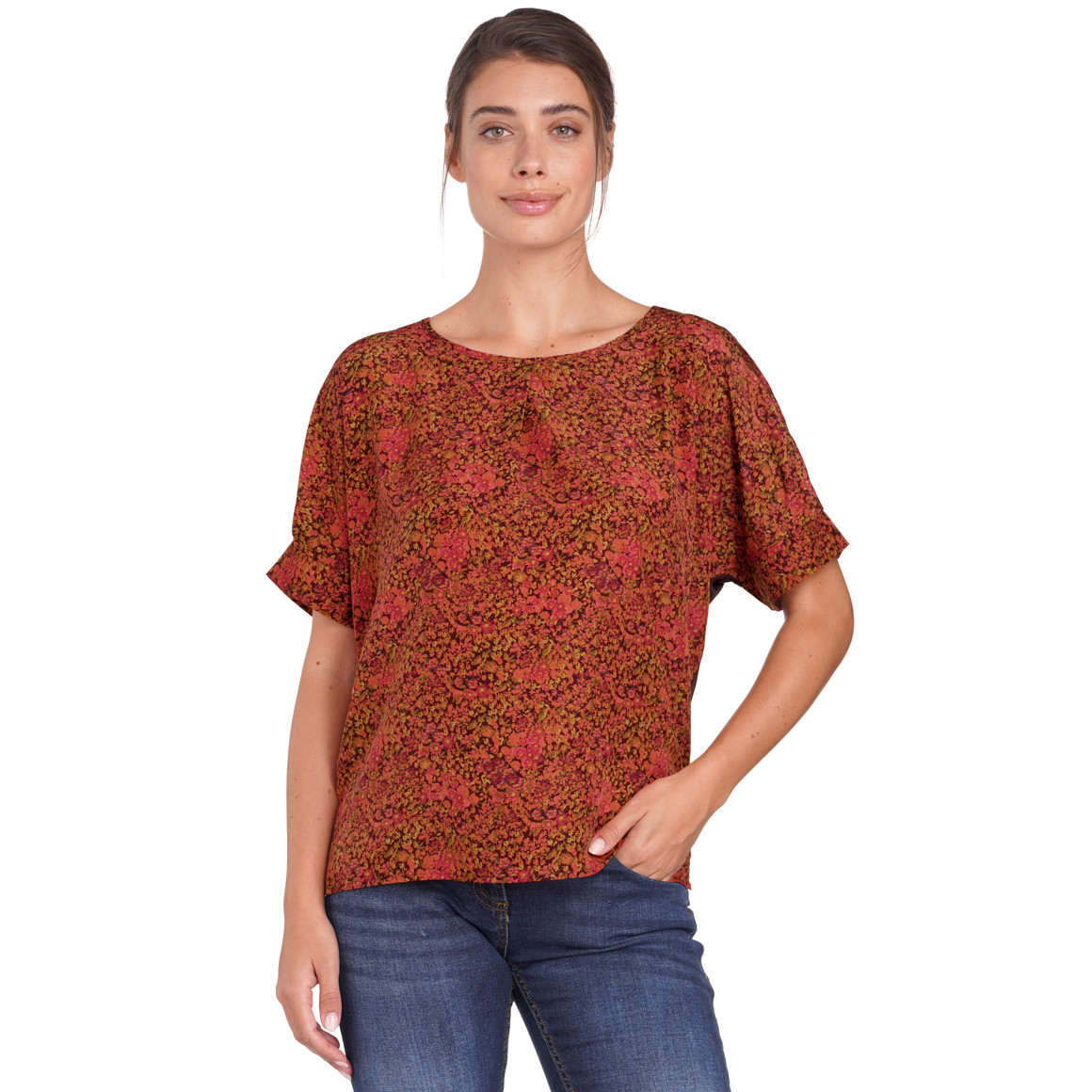 Gina Benotti Damen Blusenshirt mit überschnittenen Ärmeln braun / rot / orange