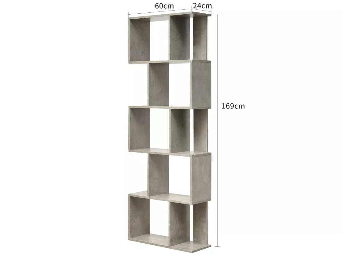 Bibliothèque moderne à 5 étagères en bois gris pour salon et bureau