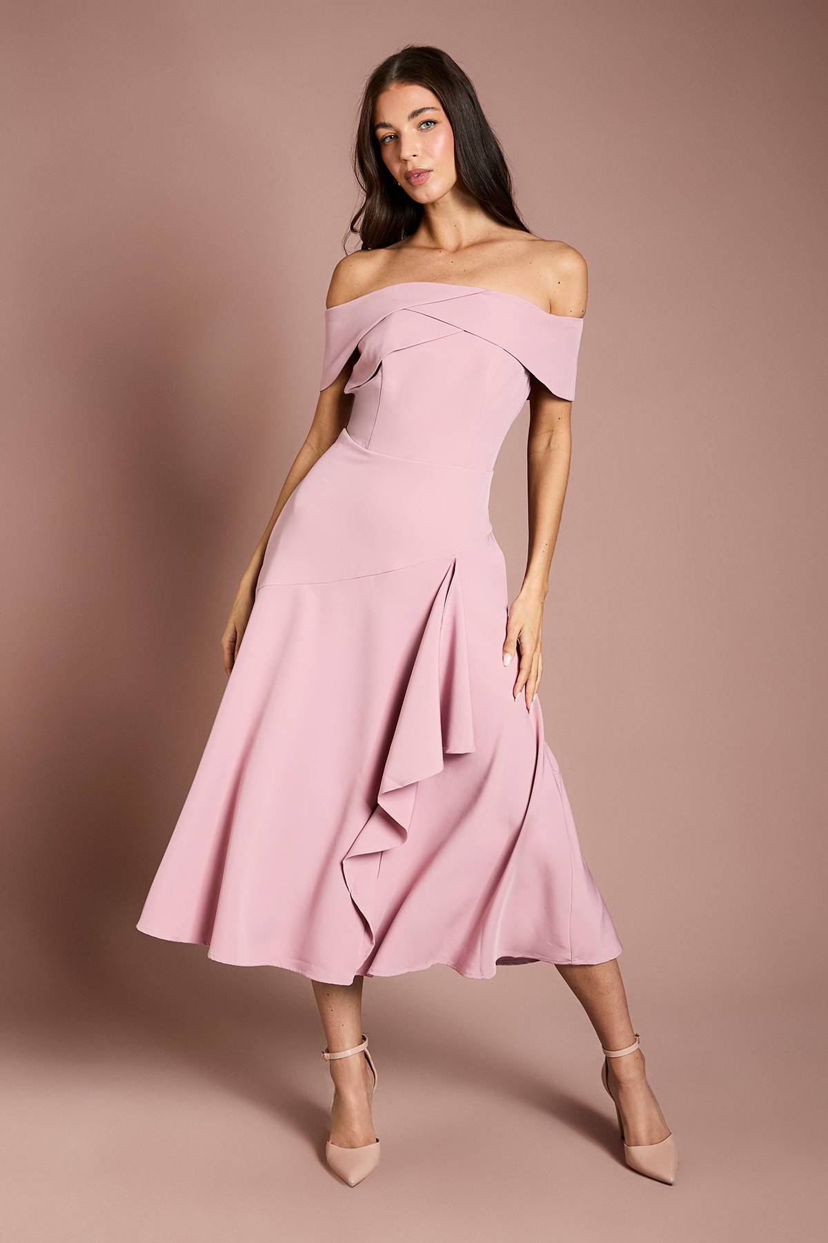 Coast Robe Midi en Crêpe Bardot à Drapé Cascade