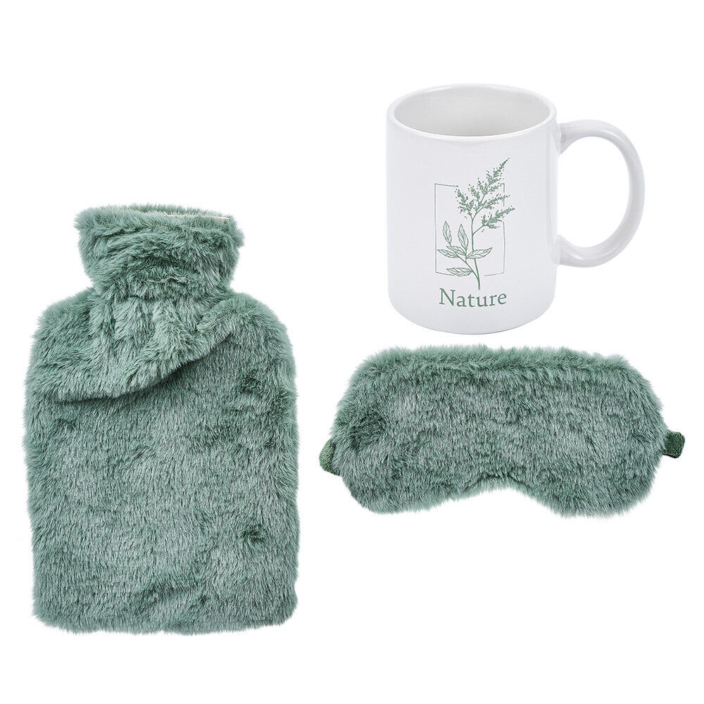 Coffret cocconing 3 pièces bouillotte masque yeux et mug vert