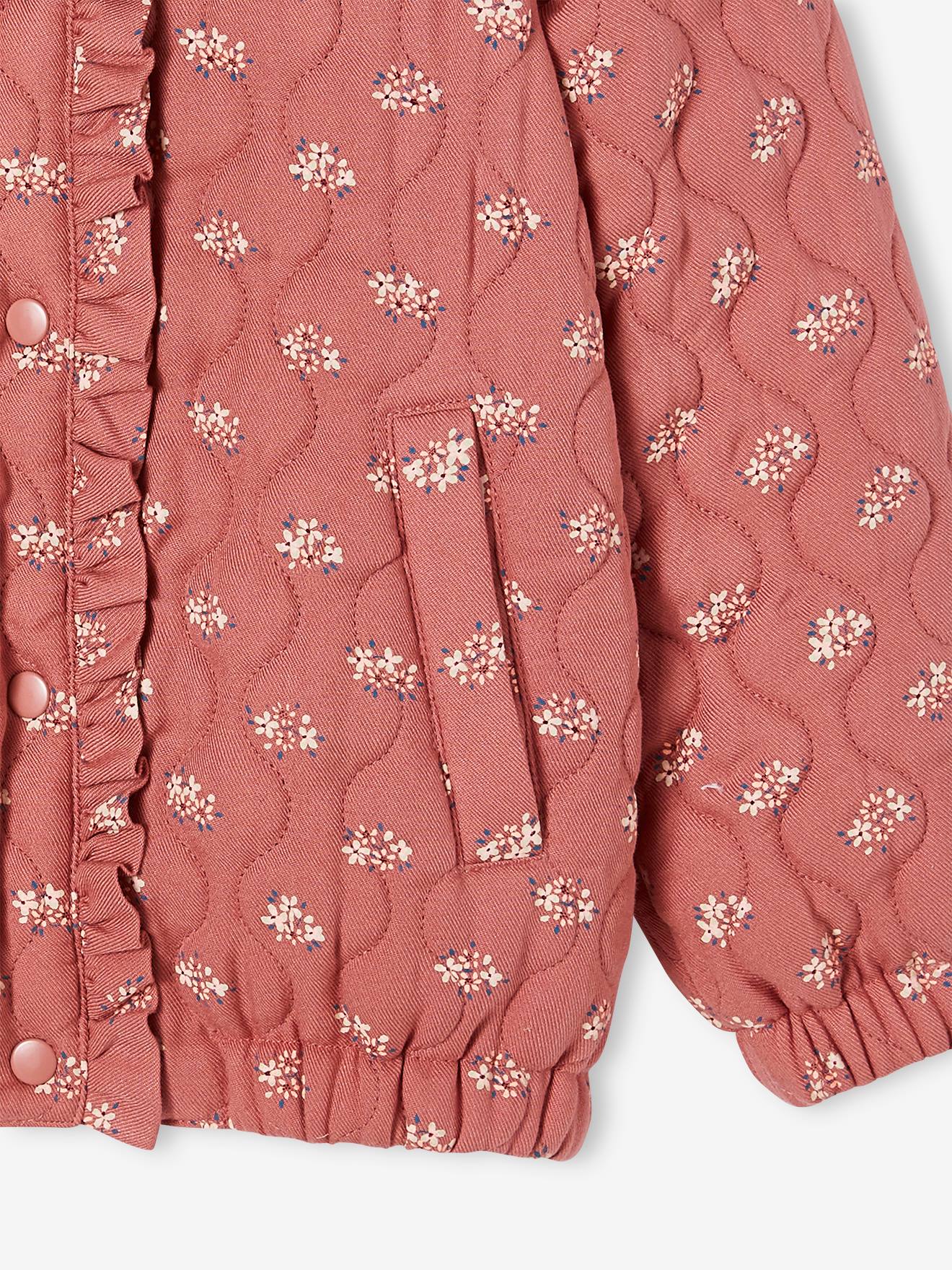 Jaqueta acolchoada com estampa floral para meninas, cor terracota.