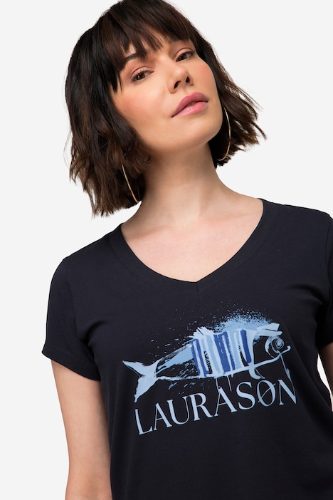 T-Shirt, Fisch Motiv, V-Ausschnitt, Halbarm