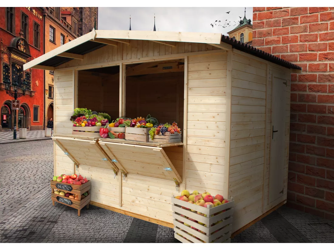 TIMBELA M150 Maison de jardin en bois, Étal de marché en bois H232x336x263 cm/6m2