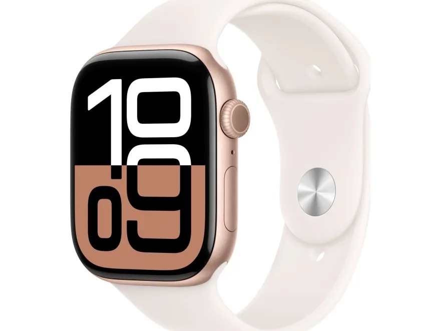 Apple Watch Series 10 (GPS) - 46 mm - roseguldaluminium - smart ur med sportsbånd - fluoroelastomer - lyserød - båndstørrelse: M/L - 64 GB - Wi-Fi 4, UWB, Bluetooth - 36.4 g