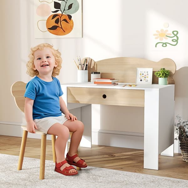 Bordsett for barn, bjørneformet arbeidsbord og stol med skuff, for skriving og håndarbeid, 3-8 år, naturlig tre