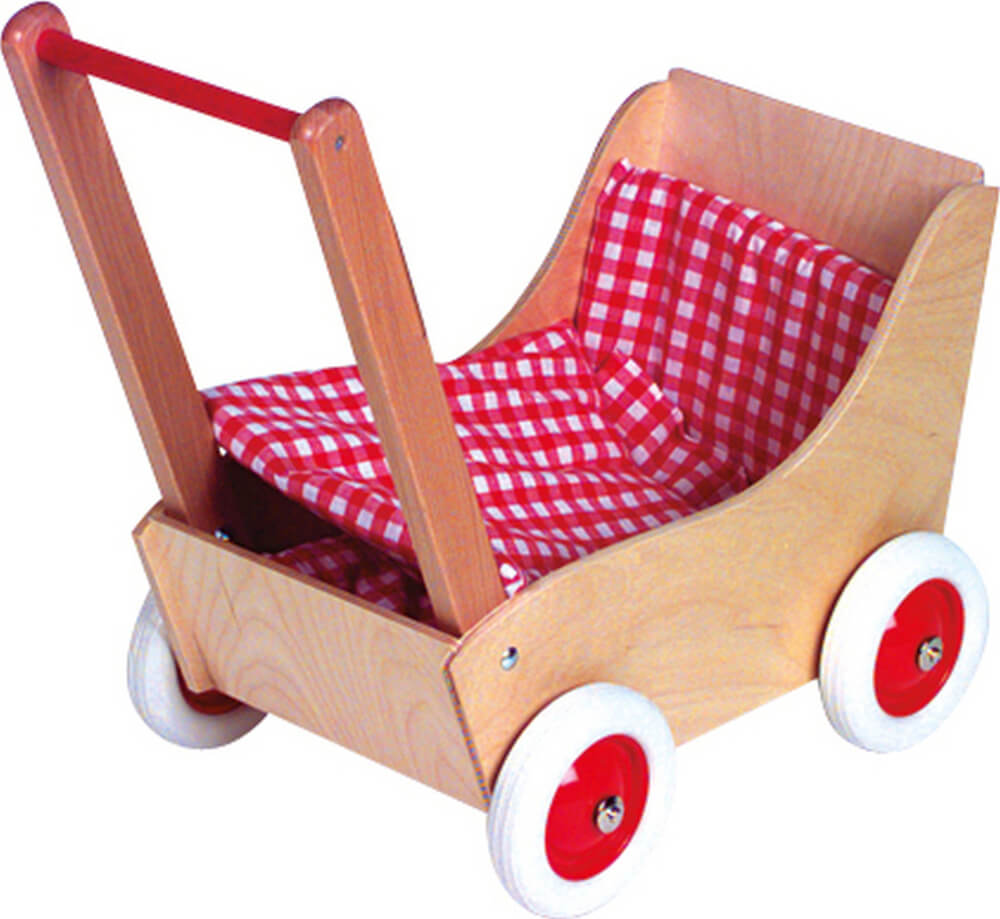 Holz-Puppenwagen karo rot / weiß, ca. 50 cm