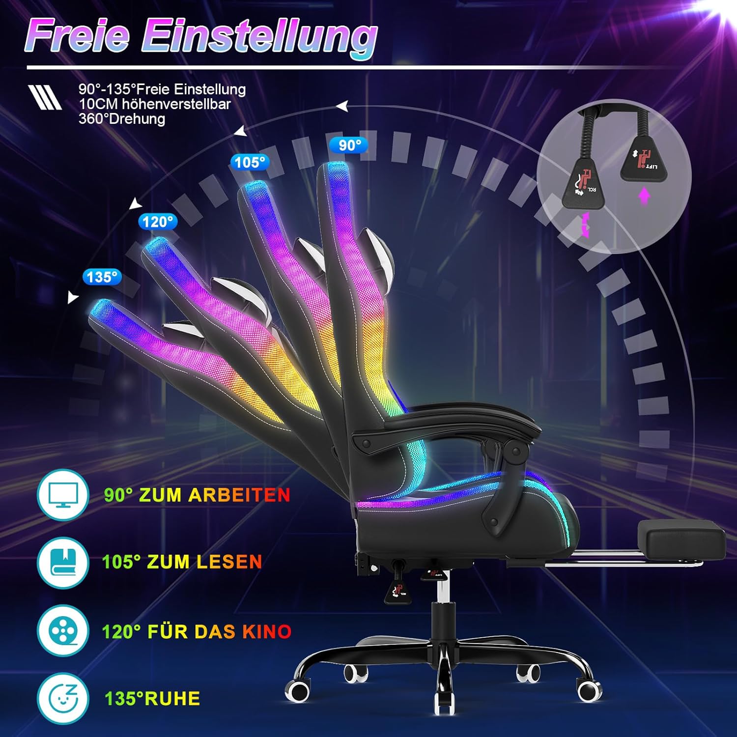 Devoko LED Gaming Stuhl, Cool und Augenschonendes. Ergonomischer Bürostuhl mit Massagefunktion, Teleskop-Fußstütze, Verstellbarem Rückenlehnen von 90-135°,Gamer Stuhl 150 kg belastbarkeit, Weiß