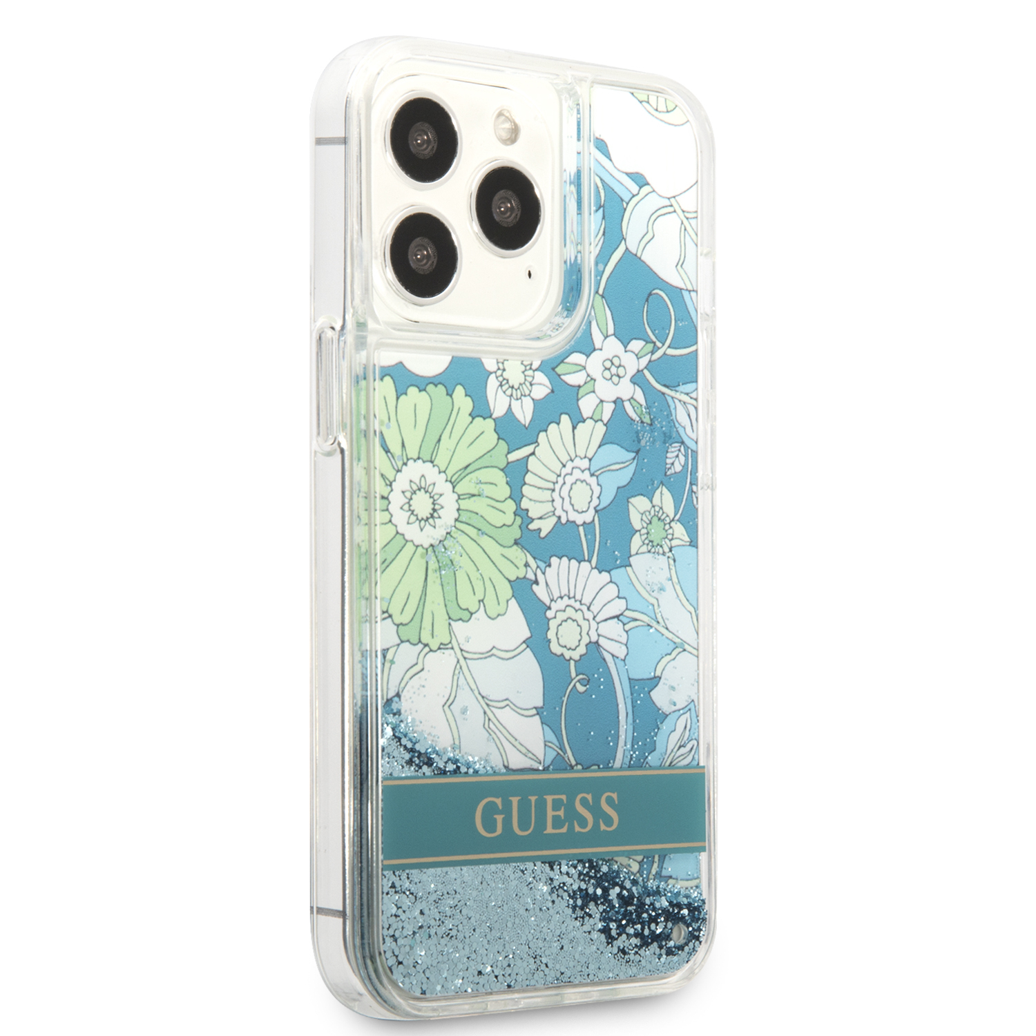 iPhone 13 Pro Hardcase Hülle Liquid Glitter Flower (GUHCP13LLFLSN) - Grün / Transparent