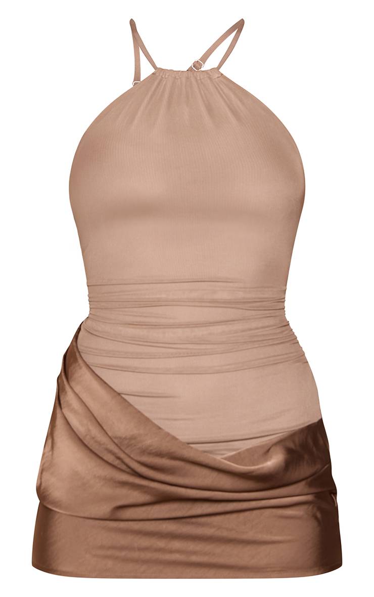 Taupe Robe Courte Drapée En Satin Avec Encolure Licou En Résille