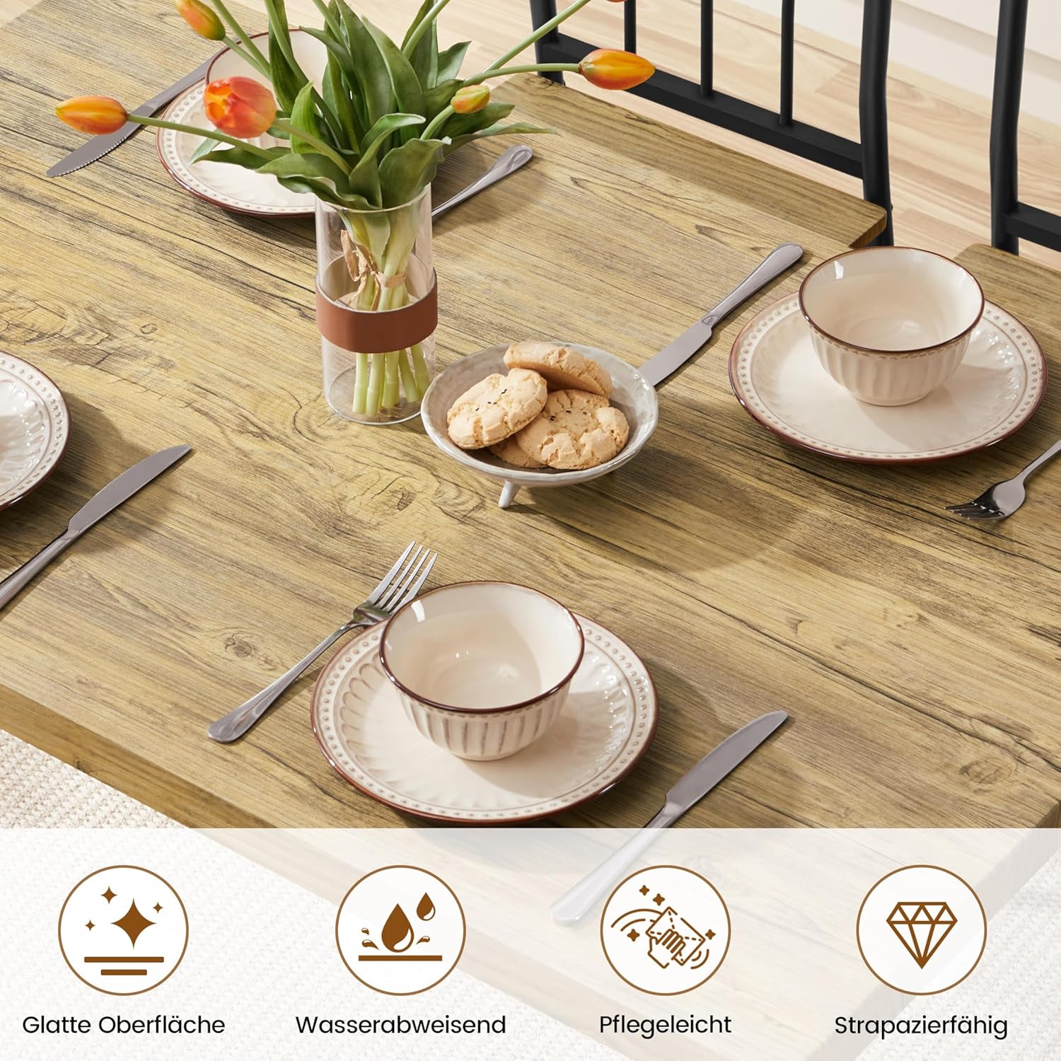 Yaheetech Essgruppen Esstisch mit 4 Stühlen, Esszimmergruppe Rechteckig Küchentisch-Set mit 4cm Dicker Tischplatte, 5er-Set Tischgruppe für 4 Personen Sitzgruppe für Küchentisch-Set fürs Esszimmer/W