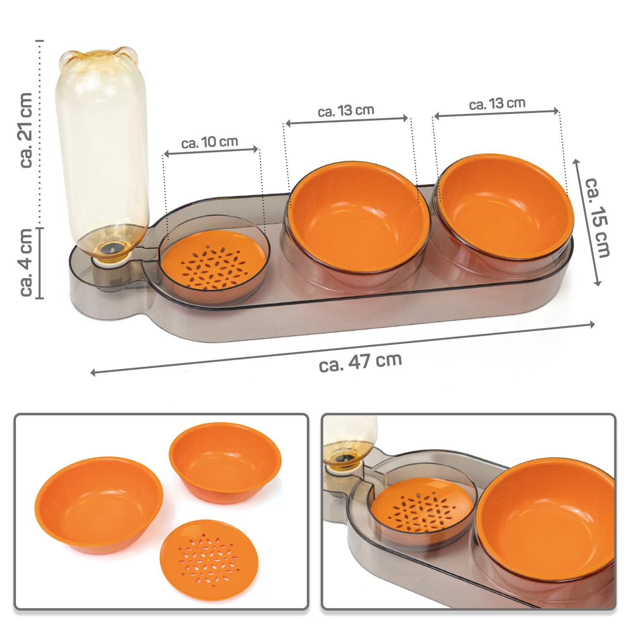 Catobel Futterbar mit 2 Näpfen und Wasserspender orange