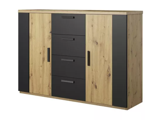Chambre compléte FOX : Lit coffre 180x200, Armoire, commode, chevets, chêne clair et noir