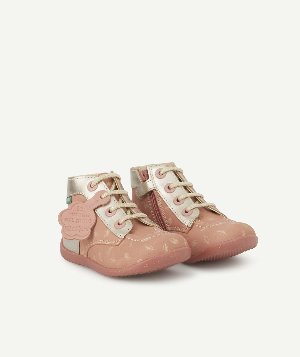 KICKERSBOTTINES BÉBÉ FILLE EN CUIR ROSE ET COULEUR ARGENTÉE AVEC FEUILLES