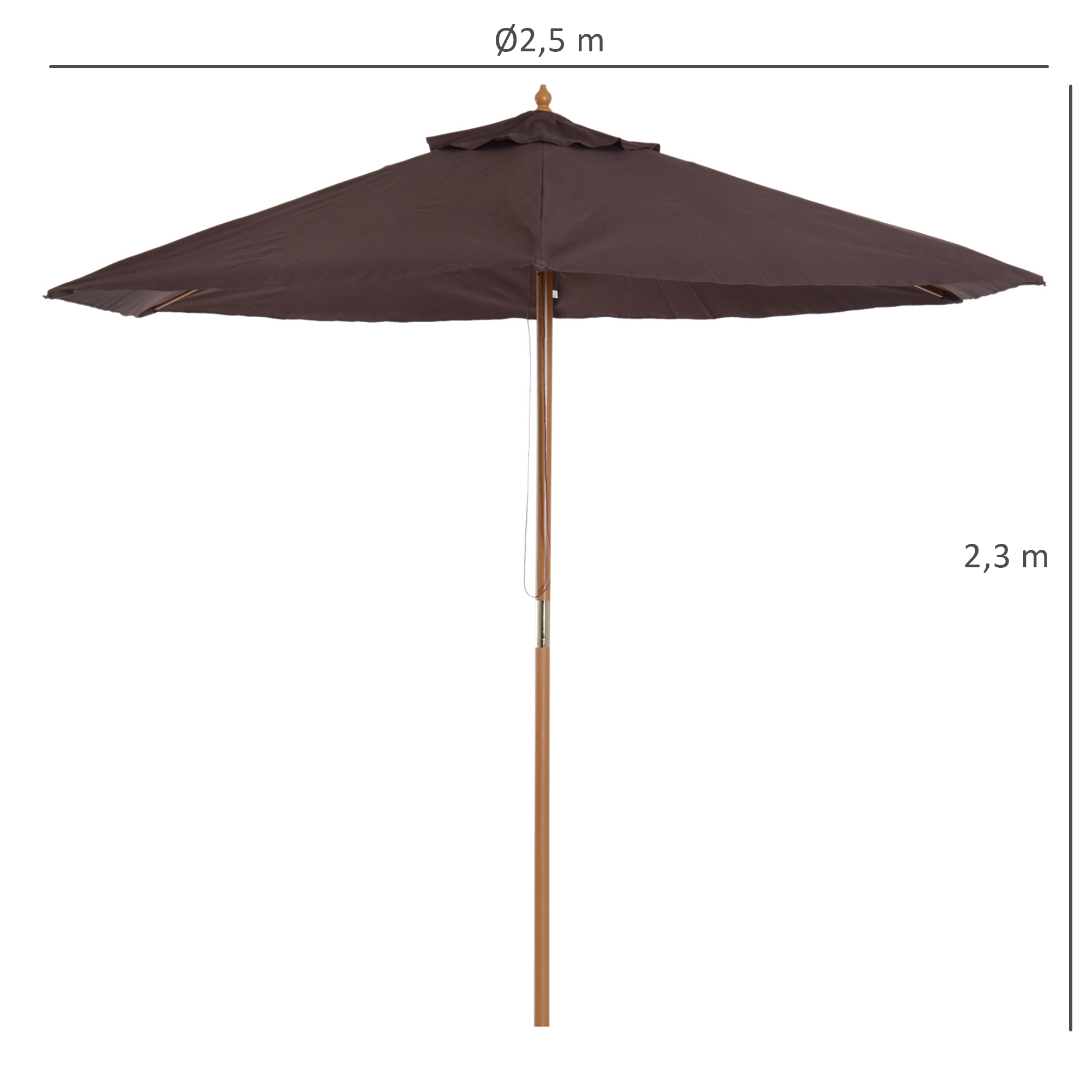 Guarda-sol de jardim Outsunny Ø250x230 cm em madeira com 6 varetas e sistema de corda para varanda, pátio e café.