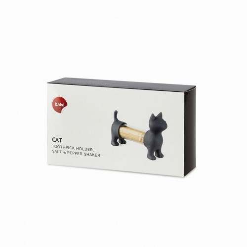 Porta-palitos, saleiro e pimenteiro em formato de gato, cinza