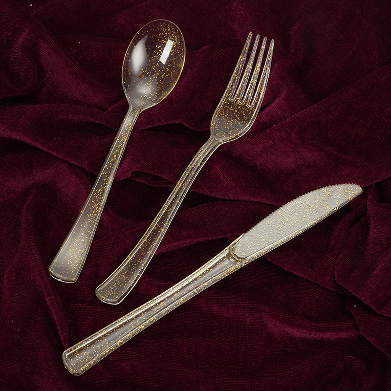 (4-tlg. Set) Einweg Glitzer Besteck Party Tisch Dekoration inkl. Serviette - Gold