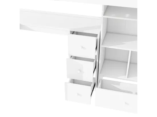 Lit mezzanine 90x200 cm, sans matelas, accoudoirs, bureau, tiroirs, armoires de rangement, marchepieds escamotables, étagères multiples, blanc