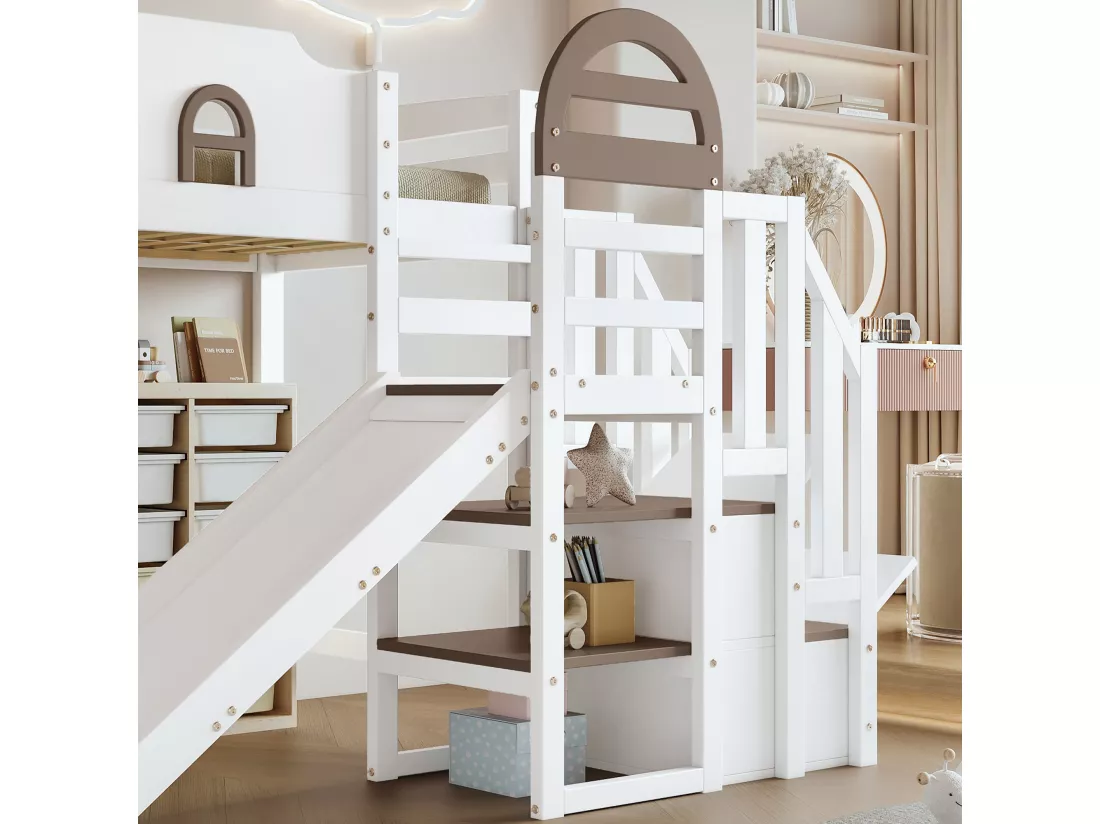 Lit mezzanine 90x200cm - avec fenêtre - avec toboggan - escalier avec rampe - bois massif + MDF - blanc + marron