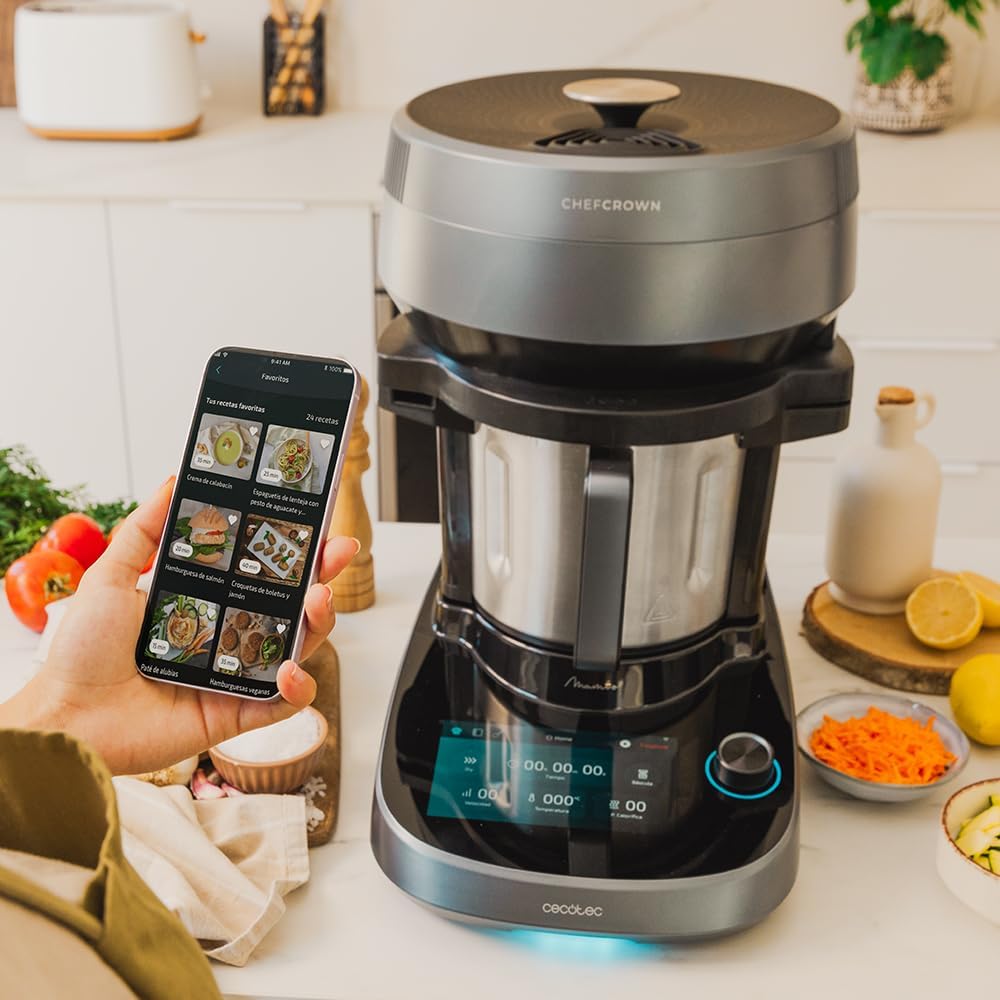 Cecotec Küchenroboter mit Lebensmittelspender Mambo CooKing Unique. 2200 W, 45 Funktionen, Tausende von geführten Rezepten, 5L Unique Krug, Zubehör: Dampfgarer oder Schöpflöffel für Eintöpfe