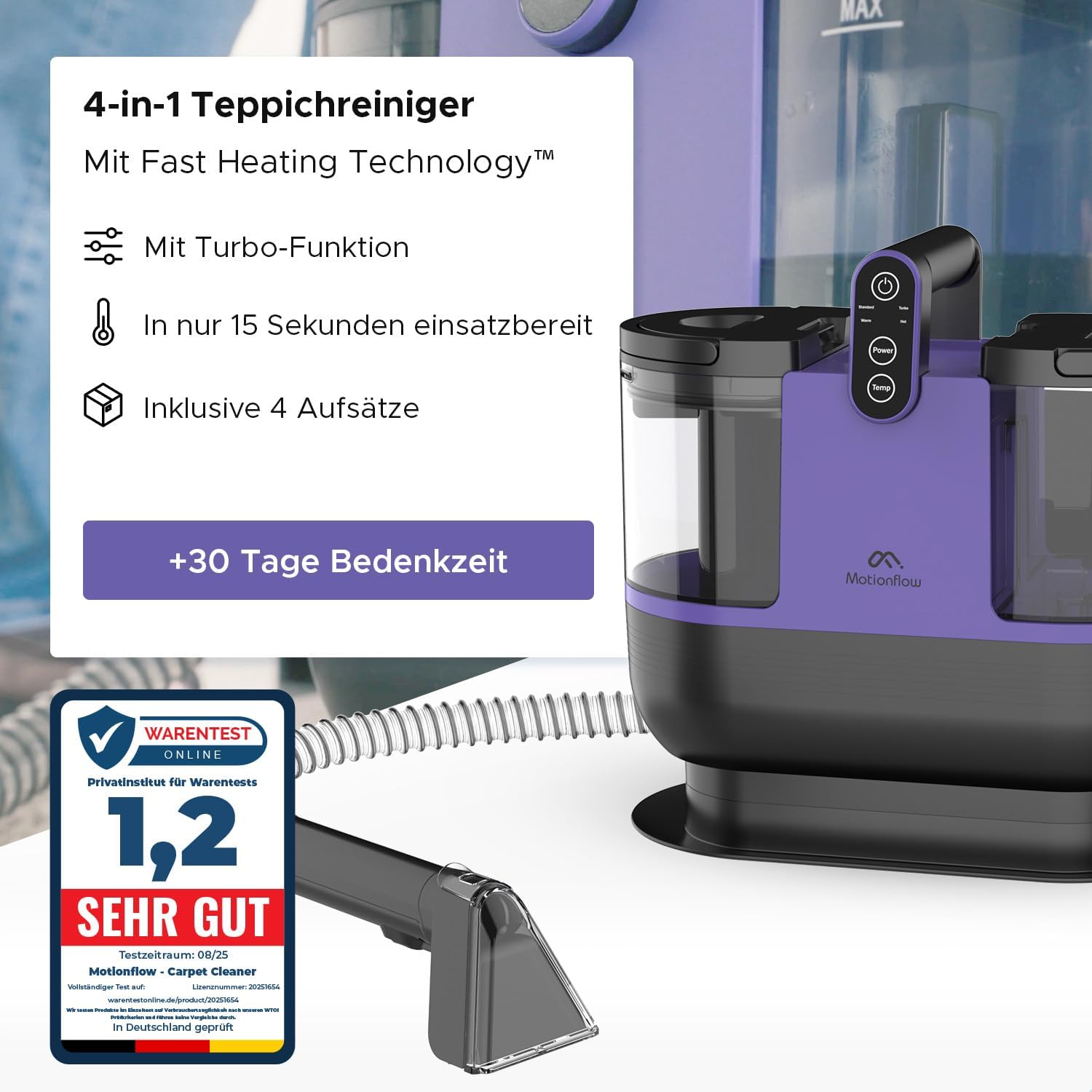 Motionflow Teppichreiniger Waschsauger mit Heizfunktion - 1200W Polsterreiniger Gerät für Teppiche, Polstermöbel, Autositze uvm. Nasssauger mit 4 Bürstenaufsätzen, Selbstreinigung, 15s Aufheiz-Zeit