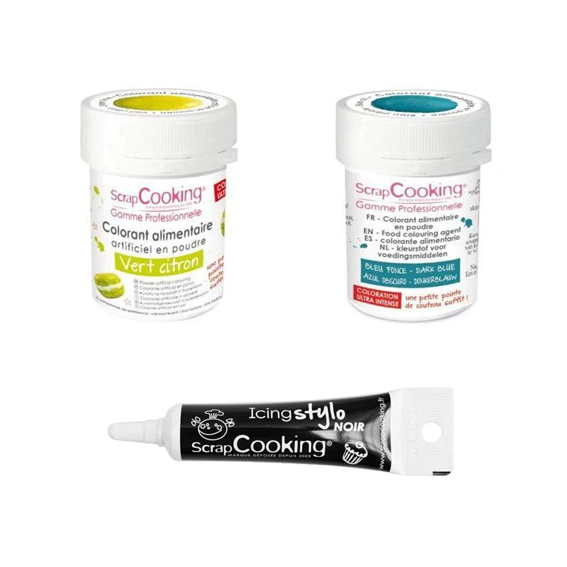 2 colorants alimentaires bleu foncé-vert citron + Stylo glaçage noir S