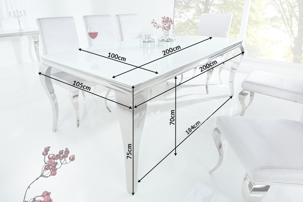 Eleganter Design Esstisch MODERN BAROCK 200cm weiß Edelstahl Opalglas Tischplatte