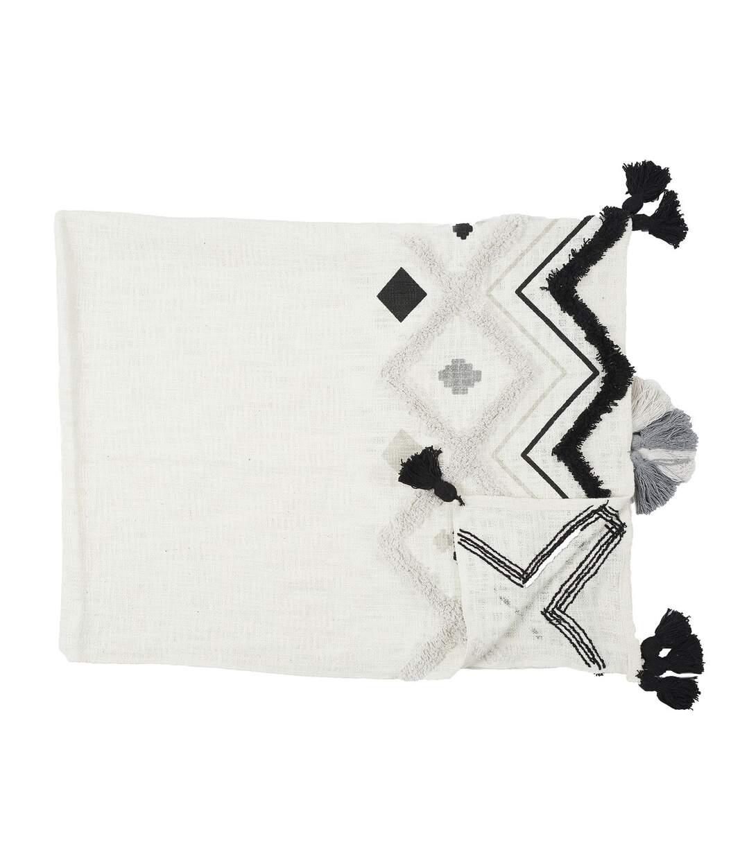 Jeté de canapé surpiqué avec Pompons - Longueur 130 cm x Largeur 170 cm - Noir, Blanc et Gris