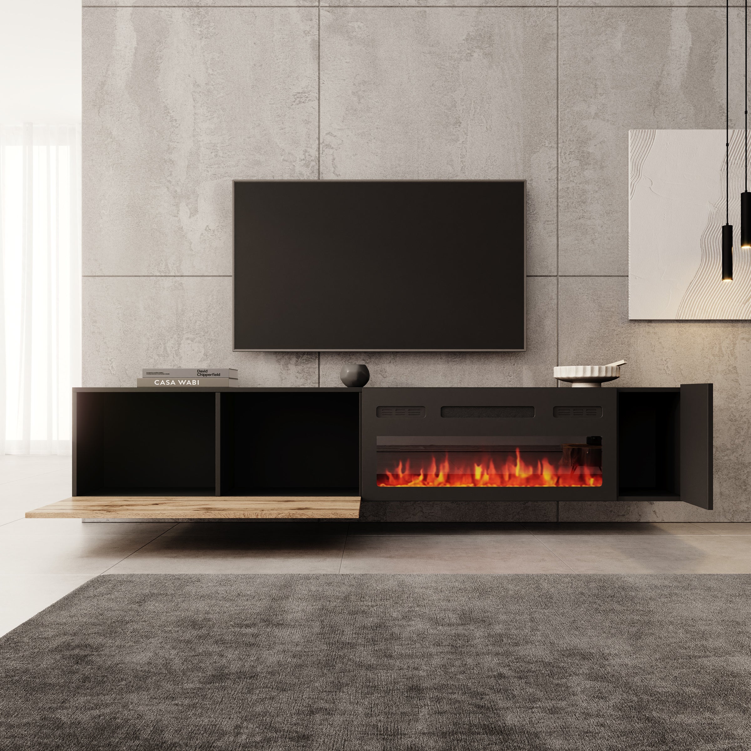 Cruzar - TV-Meubel met sfeerhaard - Zwart/Eikenlook - 200x30x38 cm