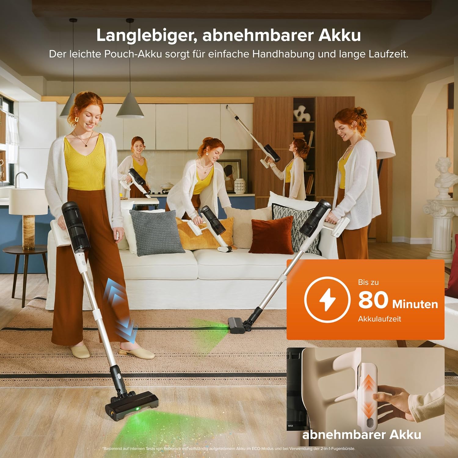 roborock H60 Hub Pro kabelloser Staubsauger mit automatischer Absaugstation, 170AW Saugleistung für Teppiche und Hartböden, 80 Minuten Laufzeit, Anti-Verhedderungsbürste, grüne LED-Stauberkennung