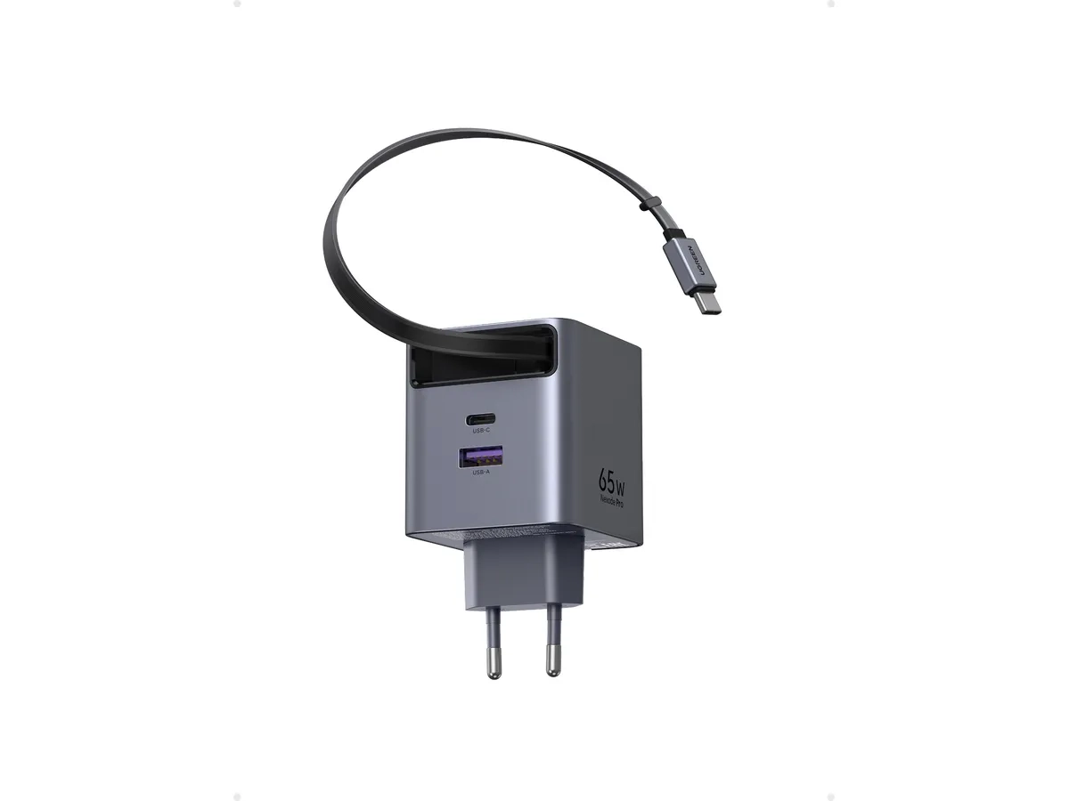 (65W) 3in1 USB C / USB A GaN Ladegerät Fast Charger GaNinfinity & Thermal Guard mit ausziehbarem USB C Ladekabel (65825) - Silber