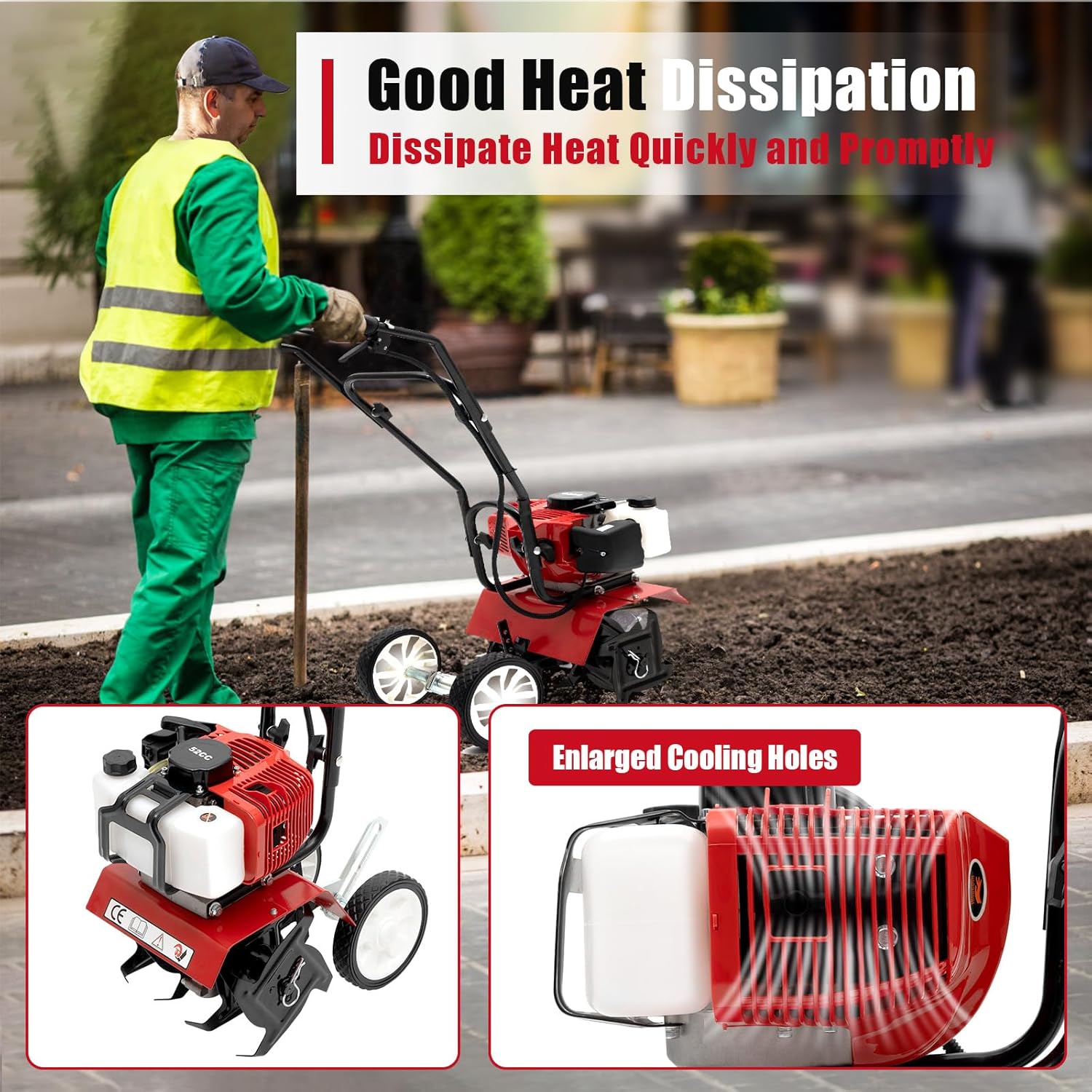 52CC 2-Takt Gartenfräse Motorhacke, 1.9KW Gartenfräse Benzin Kultivator Bodenhacke Bodenfräse Fräse, Benzin-Bodenbearbeitungsmaschine Motorhacke Radantrieb Ackerfräse Bodenfräse Kultivator