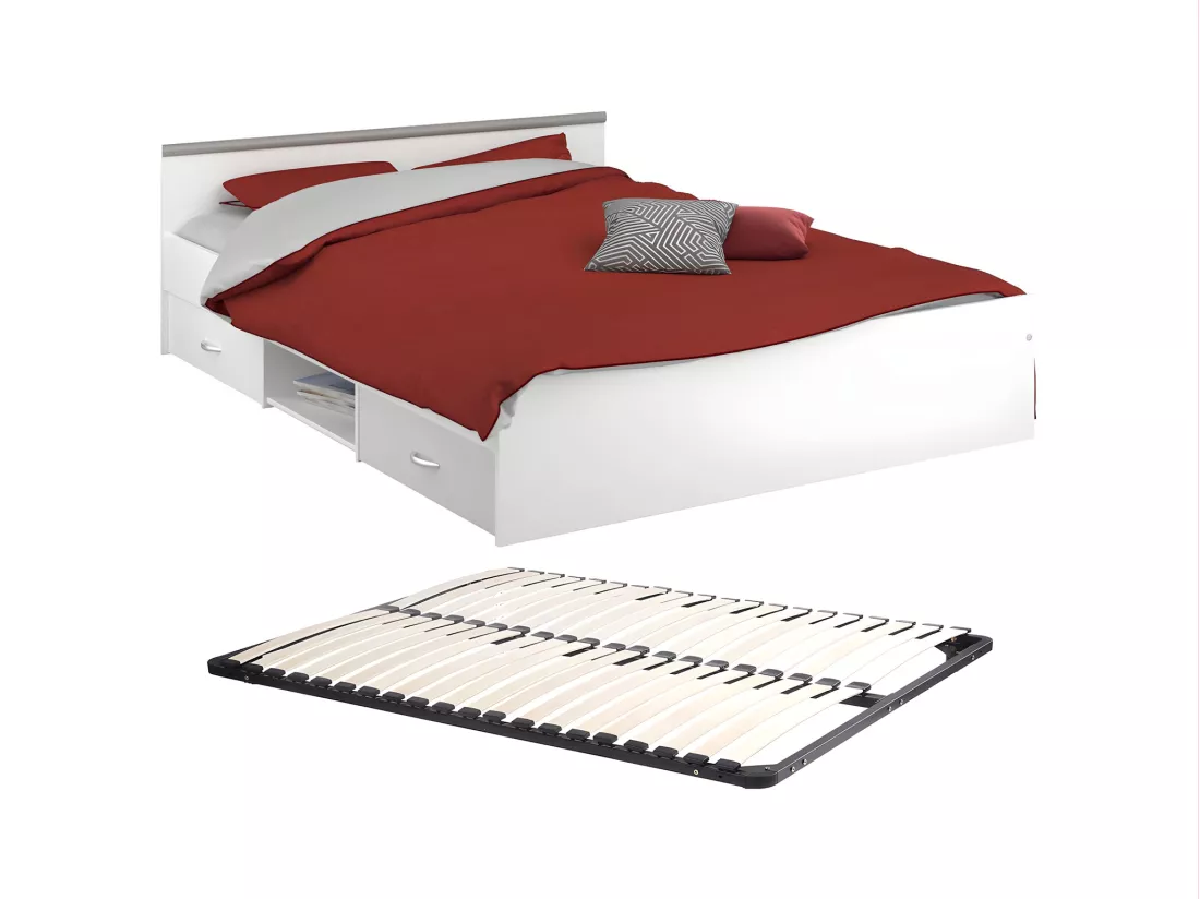 Lit avec rangements 140 x 190 cm - 2 tiroirs et 1 niche - Coloris : Blanc + Sommier - PABLO