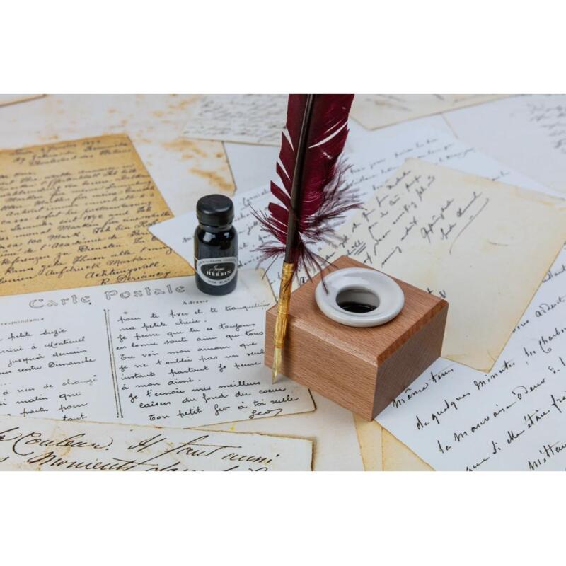 Encrier porcelaine rond et support en bois