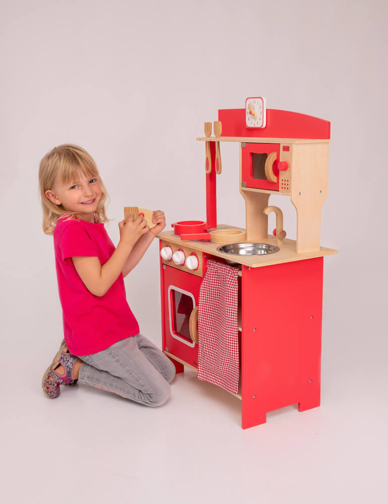 SpielMaus Holz Holzküche rot, mit Zubehör, 5-teilig, Kaufläden & Zubehör, ca. 55x30x86,8 cm, ab 3 Jahren