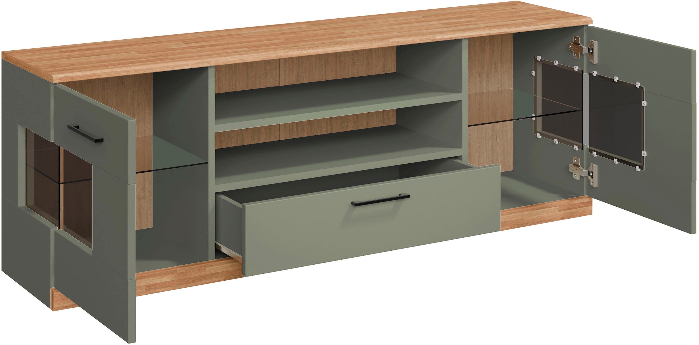 Home affaire Lowboard »Ribe,160cm breit,55cm hoch,Oberplatte Eiche massiv« Eiche massiv,Melamin in Salbeigrün,schwarze Metall Griffe