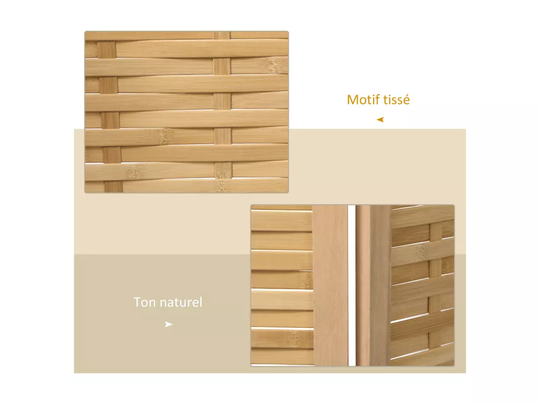 Paravent intérieur séparateur de pièce pliable 4 panneaux dim. 160L x 170H cm bois bambou