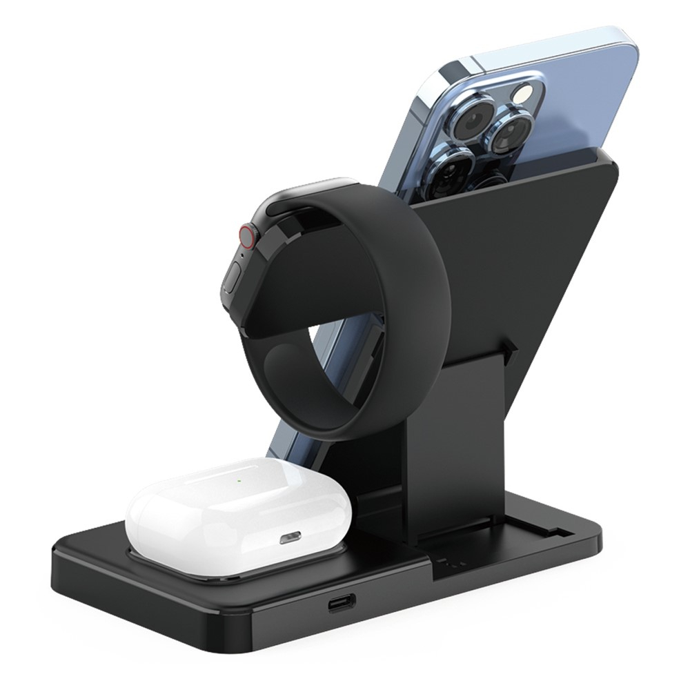 (15W) 3in1 Ladegerät Qi Wireless Charger Faltbarer Ladeständer für Apple Watch / Smartphone / AirPods - Schwarz